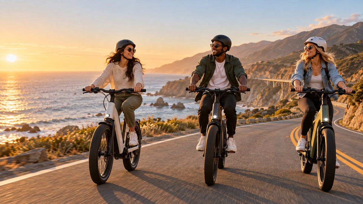 Friends riding electric bikes along a coastal road
