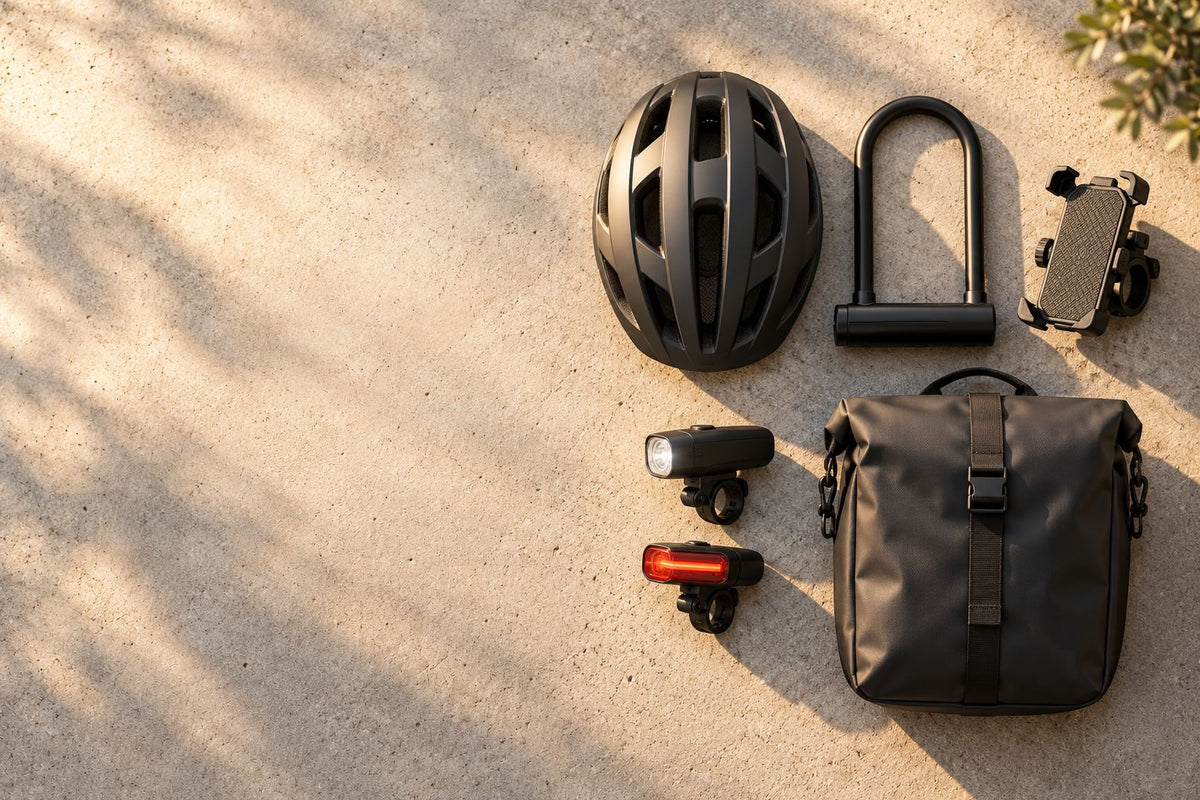 E-bike accessories flat lay