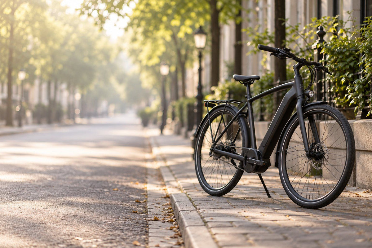 Electric bike on a tree-lined city street
