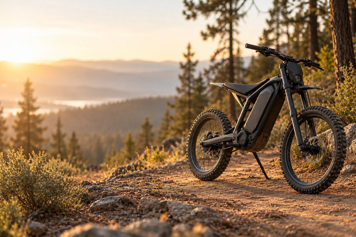 Electric dirt bike on a forest trail