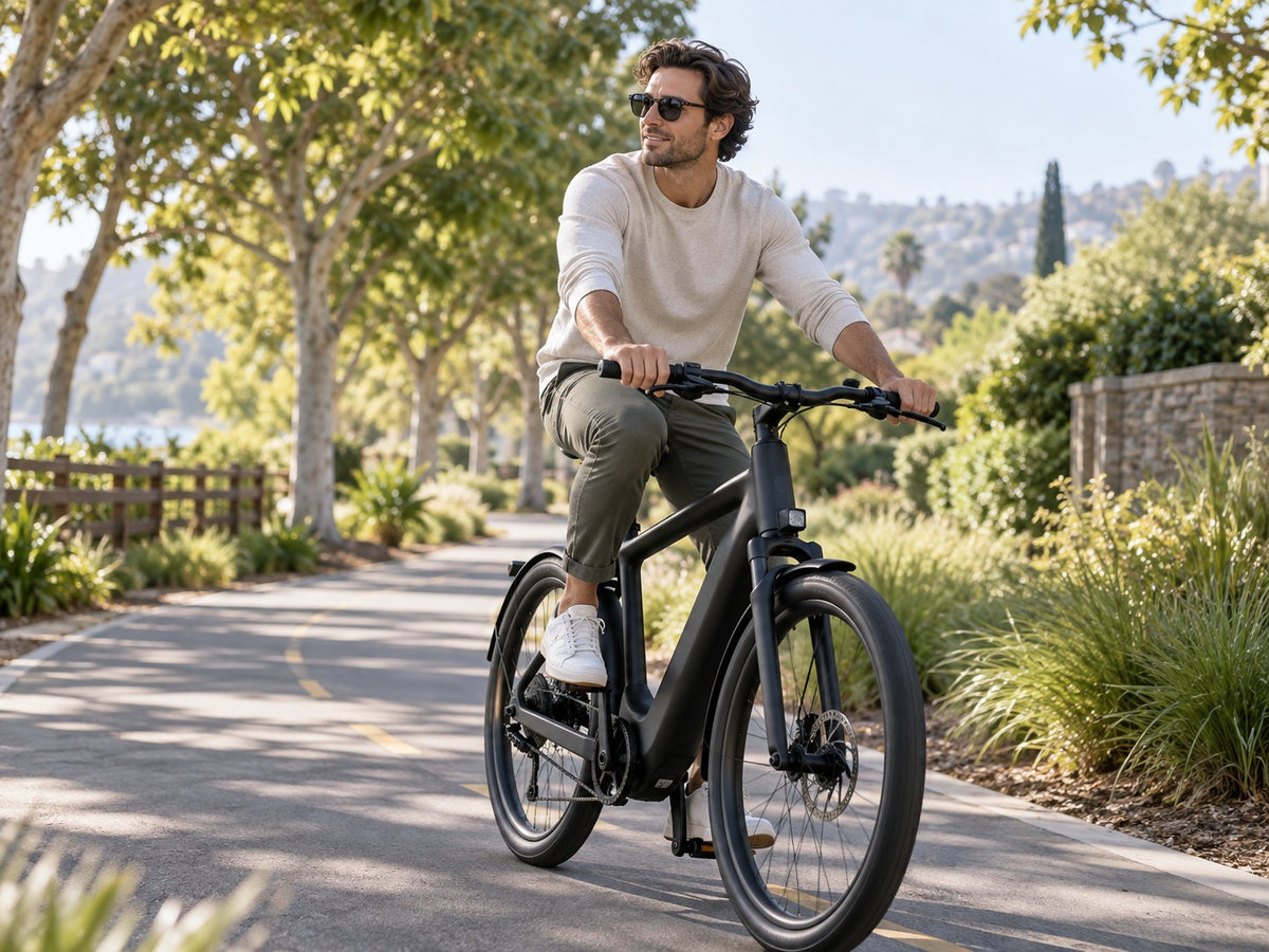 Rider on a matte black e-bike along a tree-lined bike path
